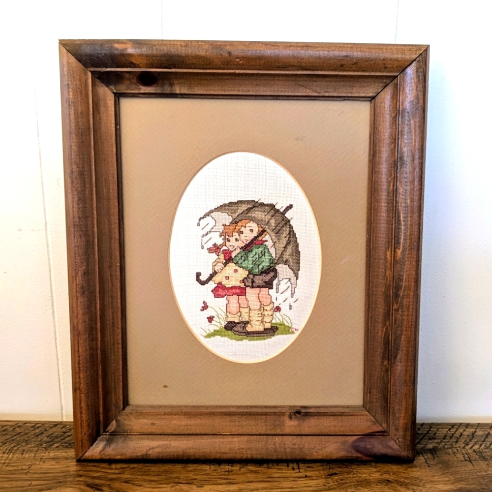 Completed Hummel Cross Stitch "Stormy Weather" Mated And Framed Children In Rain